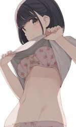 Rule 34 | 1girl, black hair, blush, bob cut, bow, bow bra, bow panties, bra, breasts, brown eyes, closed mouth, clothes lift, food print, hands up, highres, hiroki (yyqw7151), lifting own clothes, looking at viewer, medium breasts, navel, original, panties, pink bra, pink panties, print panties, shirt, shirt lift, short sleeves, simple background, stomach, strawberry bra, strawberry panties, strawberry print, t-shirt, underwear, white background, white shirt