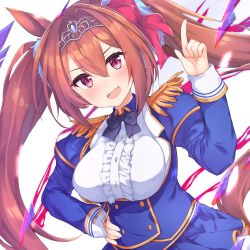 Rule 34 | 1girl, :d, absurdres, animal ears, black bow, black bowtie, bow, bowtie, breasts, brown hair, daiwa scarlet (umamusume), epaulettes, hair intakes, highres, horse ears, horse girl, horse tail, index finger raised, large breasts, long hair, long sleeves, looking at viewer, nanpuu, open mouth, red eyes, school uniform, smile, solo, tail, tiara, tracen school uniform, twintails, umamusume, white background