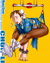 Rule 34 | 1girl, bdsm, blush, bondage, boots, bound, bracelet, brown hair, brown pantyhose, bun cover, capcom, carabiner, china dress, chinese clothes, chun-li, closed eyes, cross-laced footwear, double bun, dress, hair bun, jewelry, lace-up boots, mania street, nose hook, pantyhose, spiked bracelet, spikes, street fighter, suspension, tongue, tongue clamp, tongue out, wedgie