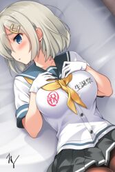 Rule 34 | 1girl, black pantyhose, blue eyes, blue sailor collar, breasts, clothes writing, commentary request, cowboy shot, gloves, grey hair, grey skirt, hair ornament, hair over one eye, hairclip, hamakaze (kancolle), hands on own chest, highres, kantai collection, large breasts, looking to the side, lying, neckerchief, pantyhose, pleated skirt, sailor collar, school uniform, serafuku, short hair, skirt, solo, takuma (takumo7121), white gloves, white hair, yellow neckerchief