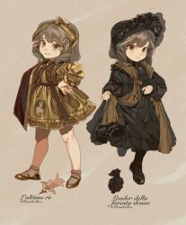 Rule 34 | 1girl, black dress, black footwear, black headwear, blush, bobby socks, bonnet, brown eyes, commentary, dress, flower, full body, gold dress, gold footwear, grey background, grey hair, hair ornament, highres, jewelry, lolita fashion, mgong520, multiple views, necklace, original, parted lips, shawl, short hair, skirt hold, smile, socks, standing, standing on one leg, symbol-only commentary