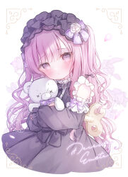 Rule 34 | 1girl, black bow, black dress, bow, detached sleeves, dress, falling petals, frilled sleeves, frills, grey eyes, headwear request, highres, lolita fashion, long hair, long sleeves, omochi monaka, original, petals, pink hair, purple bow, solo, stuffed animal, stuffed toy, teddy bear, twitter username, very long hair, white background, winding key