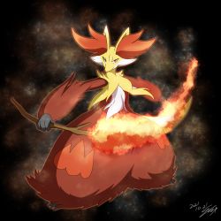 Rule 34 | animal ear fluff, closed mouth, commentary request, creatures (company), dated, delphox, fire, full body, game freak, gen 6 pokemon, highres, holding, holding stick, legs apart, looking at viewer, nintendo, no humans, one-hour drawing challenge, orange eyes, partial commentary, pokemon, pokemon (creature), shuu come, signature, solo, stick