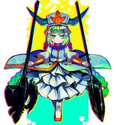 Rule 34 | 1girl, anmita (rarutos), closed mouth, commentary request, frilled skirt, frills, green eyes, green hair, hat, horns, infinite blade pavilion, japanese clothes, long hair, orange footwear, pantyhose, skirt, smile, solo, touhou, twintails, white pantyhose, white skirt, yasogami shuu