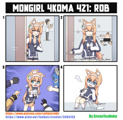 Rule 34 | 4koma, absurdres, animal ear fluff, balaclava, blue archive, bottle, censored, chair, comic, completely nude, credit card, cum, cum in container, fingerless gloves, gloves, greenteaneko, hairband, highres, imminent rape, implied sex, mari (blue archive), mari (track) (blue archive), milk bottle, nude, sensei (blue archive), shaded face, sportswear, stray pubic hair, tearing up, threat, torn clothes