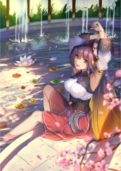 Rule 34 | 1girl, armpits, barefoot, blurry, depth of field, flower, hair ornament, highres, long hair, looking at viewer, lotus, musyne xsk, open mouth, purple hair, red eyes, sitting, skirt, sleeveless, smile, solo, stretching, very long hair, water, xianjian qixia zhuan