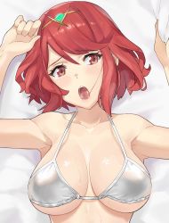 Rule 34 | 1girl, :o, armpits, arms up, bare arms, bare shoulders, bed sheet, bikini, blush, breasts, circlet, cleavage, collarbone, commentary, covered erect nipples, from above, head tilt, implied sex, j@ck, large breasts, looking at viewer, lying, nintendo, on back, open mouth, pyra (xenoblade), red eyes, red hair, saliva, sheet grab, short hair, solo, strap gap, swept bangs, swimsuit, upper body, white bikini, xenoblade chronicles (series), xenoblade chronicles 2
