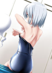 Rule 34 | 1girl, arm up, ass, bare arms, bare back, bare shoulders, blue one-piece swimsuit, breasts, clothes pull, commentary request, competition school swimsuit, dutch angle, from behind, green eyes, hitodama, indoors, konpaku youmu, konpaku youmu (ghost), locker, locker room, nori tamago, one-piece swimsuit, one-piece swimsuit pull, pulling own clothes, school swimsuit, shiny clothes, shiny skin, short hair, sidelocks, silver hair, sitting, small breasts, solo, sweat, swimsuit, touhou, undressing