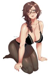 Rule 34 | 1girl, bare shoulders, black-framed eyewear, black bra, bra, braid, breasts, brown eyes, brown hair, cleavage, collarbone, commentary, commission, english commentary, glasses, highres, lace, large breasts, long hair, looking at viewer, lulu-chan92, one eye closed, open mouth, original, pantyhose, seiza, single braid, sitting, tongue, tongue out, underwear