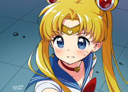 Rule 34 | 1girl, bishoujo senshi sailor moon, blonde hair, blue eyes, blue sailor collar, blush, breasts, choker, cleavage, collarbone, commentary request, crescent, crescent earrings, dated, derivative work, diadem, double bun, earrings, heart, heart choker, jewelry, kanya pyi, long hair, meme, red choker, sailor collar, sailor moon, sailor moon redraw challenge (meme), solo, sweatdrop, symbol-only commentary, tsukino usagi, twintails, upper body