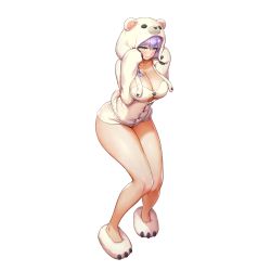 Rule 34 | 1girl, animal costume, animal hood, atalanta (last origin), bear hood, bear slippers, blush, bra, braid, breasts, cleavage, collarbone, embarrassed, full body, game cg, green eyes, heart, highres, hood, hood up, kakiman, large breasts, last origin, legs together, looking at viewer, naked shirt, official alternate costume, official art, purple hair, shirt, short shorts, shorts, simple background, slippers, solo, tachi-e, thighs, transparent background, underwear, white bra, white shorts