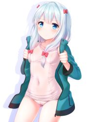 Rule 34 | 10s, 1girl, 3:, blue eyes, blue hair, blush, bow, closed mouth, covered navel, cowboy shot, eromanga sensei, faubynet, hair bow, highres, izumi sagiri, jacket, long hair, looking at viewer, md5 mismatch, one-piece swimsuit, open clothes, open jacket, pink bow, school swimsuit, shadow, simple background, solo, sweatdrop, swimsuit, swimsuit under clothes, white background, white one-piece swimsuit