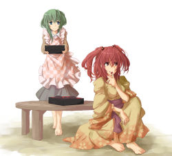 Rule 34 | 2girls, alternate costume, apron, barefoot, blue eyes, box, female focus, finger to mouth, food, frilled apron, frills, green hair, hair bobbles, hair ornament, japanese clothes, kimono, kitsune maru, knee up, licking, licking finger, long sleeves, looking at another, looking away, messy, multiple girls, obi, onozuka komachi, red eyes, red hair, sash, shiki eiki, short hair, sidelocks, simple background, sitting, smile, table, touhou, twintails, two side up, white background