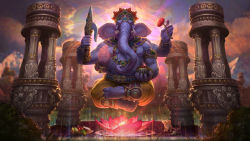 Rule 34 | 1boy, backlighting, barefoot, blue eyes, blue skin, coconut, colored skin, elephant, extra arms, fat, fat man, flower, food, fruit, full body, furry, furry male, ganesha (smite), gem, grapes, grass, hat, highres, jewelry, leaf, lotus, lotus position, male focus, mouse (animal), necklace, nipples, official art, outdoors, pear, sky, smite, solo, tattoo, topless male