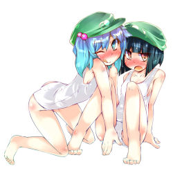 Rule 34 | 2girls, ;q, aqua eyes, barefoot, black hair, blue hair, blush, breasts, dark haired kappa, female focus, hair bobbles, hair ornament, hat, kappa mob (touhou), kawashiro nitori, looking at viewer, multiple girls, narumiya (narumiya), one-piece swimsuit, one eye closed, red eyes, school swimsuit, sideboob, simple background, small breasts, swimsuit, tongue, tongue out, touhou, twintails, two side up, white background, white one-piece swimsuit, wink