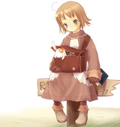 Rule 34 | 1girl, blue eyes, blush, book, brown bag, brown footwear, brown gloves, brown hair, brown jacket, brown shirt, brown socks, closed mouth, commentary request, cowlick, euca (recita), expressionless, full body, gloves, hair ornament, holding, holding book, jacket, long sleeves, lowres, lunatic (ragnarok online), merchant (ragnarok online), rabbit, ragnarok online, shirt, shoes, short hair, sign, sitting, socks, star (symbol), star hair ornament