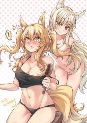 Rule 34 | !, 2girls, ^^^, absurdres, alternate hairstyle, animal ear fluff, animal ears, arknights, bare arms, bare shoulders, black panties, blonde hair, blush, breasts, brown eyes, camisole, chinese commentary, cleavage, collarbone, commentary request, crop top, female focus, groin, hair between eyes, hair brush, halftone, halftone background, head tilt, highres, holding, holding brush, horse girl, large breasts, long hair, multiple girls, navel, nearl (arknights), nipple slip, nipples, panties, partial commentary, platinum (arknights), silver hair, sitting, spaghetti strap, stomach, strap slip, tail, topless, twintails, underwear, very long hair, white background, white panties, wing (4486066), yellow eyes