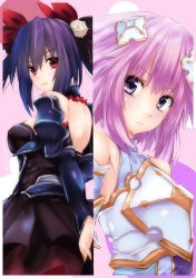 Rule 34 | 10s, 2girls, absurdres, bare shoulders, black hair, breasts, d-pad, female focus, four goddesses online: cyber dimension neptune, hair ornament, highres, long hair, looking at viewer, multiple girls, neptune (neptunia), neptune (series), noire (neptunia), open mouth, polearm, purple eyes, purple hair, red eyes, shishin (shishintei), spear, twintails, very long hair, weapon