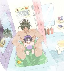 2boys ametant bathing bathroom between_legs black_hair blush commentary_request completely_nude danganronpa_(series) danganronpa_v3:_killing_harmony flipped_hair gokuhara_gonta green_hair hair_between_eyes hairband highres in_bathtub indoors knees_up long_hair male_focus multiple_boys muscular muscular_male nude oma_kokichi pale_skin partially_submerged purple_eyes purple_hairband radio red_eyes rubber_duck shared_bathing short_hair size_difference smile steam tan tile_wall tiles water