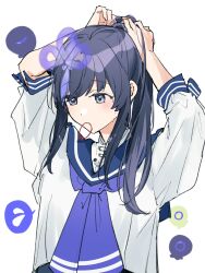 Rule 34 | 1girl, absurdres, alternate costume, alternate hairstyle, arms up, black hair, blue sailor collar, blueberry, blush, food, fruit, grey eyes, hair tie, hair tie in mouth, hands in hair, hands on own head, highres, mouth hold, multicolored hair, neckerchief, nijisanji, ponto nei, ponytail, purple hair, purple neckerchief, sailor collar, school uniform, serafuku, shirt, sidelocks, simple background, solo, srkm ice, streaked hair, tying hair, unbuttoned sleeves, virtual youtuber, white background, white shirt