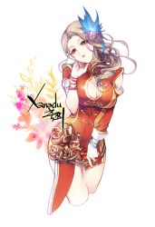 Rule 34 | 10s, 1girl, blade &amp; soul, breasts, brown eyes, brown hair, character request, cleavage, cm (tenji1352), detached sleeves, dress, hair ornament, long hair, short dress, solo