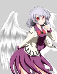 Rule 34 | 1girl, bow, bowtie, dress, finger to mouth, highres, index finger raised, jacket, kishin sagume, long sleeves, open clothes, purple dress, red eyes, sena kizahashi, shirt, short hair, silver hair, single wing, smile, solo, touhou, wings
