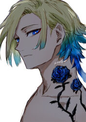 Rule 34 | 1boy, blonde hair, blue eyes, blue hair, blue lock, bright pupils, closed mouth, commentary request, flower tattoo, gradient hair, long hair, looking at viewer, michael kaiser, multicolored hair, neck tattoo, nori20170709, shoulder tattoo, sideways glance, simple background, solo, tattoo, topless male, twitter username, two-tone hair, white background, white pupils