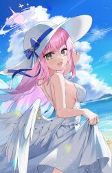 Rule 34 | 1girl, :d, absurdres, alternate costume, angel wings, backless outfit, bare arms, bare shoulders, blue archive, blue sky, blush, bow, breasts, cloud, day, dress, feathered wings, from behind, hair between eyes, hat, highres, long hair, looking at viewer, medium breasts, mika (blue archive), nitoron, open mouth, outdoors, pink hair, ribbon, sideboob, sky, sleeveless, sleeveless dress, smile, solo, straw hat, sundress, very long hair, white dress, white hat, white wings, wing ornament, wings