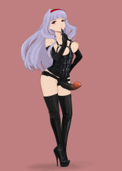 Rule 34 | 1girl, bad id, bad pixiv id, bdsm, black footwear, black gloves, blunt bangs, bondage outfit, boots, breastless clothes, breasts, buckle, dildo, dominatrix, elbow gloves, eyelashes, eyeliner, finger to mouth, full body, gloves, hairband, hand on own hip, high heel boots, high heels, highres, idolmaster, idolmaster (classic), komii, leather, long hair, looking at viewer, makeup, mascara, nipples, perky breasts, pink background, red eyes, sex toy, shijou takane, silver hair, simple background, solo, standing, stiletto heels, strap-on, thigh boots, thighhighs, uncensored