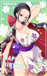 1girl absurdres black_hair blue_eyes breasts cleavage dated female_focus highres japanese_clothes kimono large_breasts looking_at_viewer nico_robin nico_robin_(wano) obi one_piece petals ponytail sash smile solo teng_zhai_zi