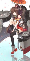 Rule 34 | 10s, 1girl, absurdres, ammunition, anchor, armband, asymmetrical legwear, bare shoulders, black thighhighs, brown eyes, brown hair, detached sleeves, flower, hair flower, hair ornament, high ponytail, highres, kantai collection, leg up, long hair, long legs, looking at viewer, machinery, mismatched legwear, oil-paper umbrella, petals, pleated skirt, ponytail, red skirt, reflection, ripples, sailor collar, side slit, single thighhigh, skirt, smile, solo, thigh strap, thighhighs, transistor, type 91 armor-piercing shell, umbrella, uneven legwear, yamato (kancolle)