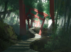Rule 34 | 1other, absurdres, bamboo, bush, cloak, crack, cracked floor, forest, green hair, highres, light rays, moss, nature, original, outdoors, scenery, solo, stairs, standing, sunlight, torii, tree, ujimine, white cloak