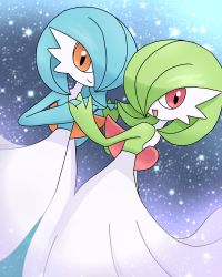 Rule 34 | 2girls, absurdres, alternate color, blue hair, blue skin, bob cut, closed mouth, colored skin, creatures (company), dutch angle, female focus, flat chest, from behind, game freak, gardevoir, gen 3 pokemon, gradient background, green hair, green skin, hair over one eye, hands up, happy, highres, holding hands, interlocked fingers, looking at viewer, looking back, meru (mer milky77), multicolored skin, multiple girls, nintendo, one eye covered, open mouth, orange eyes, pokemon, pokemon (creature), red eyes, shiny pokemon, short hair, smile, standing, star (sky), two-tone skin, white skin