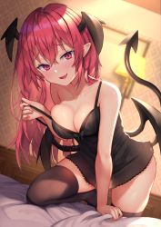 Rule 34 | 1girl, babydoll, bare shoulders, bat wings, bedroom, black thighhighs, blush, breasts, camisole, camisole pull, clothes pull, collarbone, commentary request, crossed bangs, demon girl, fang, head wings, highres, koakuma, lingerie, long hair, medium breasts, naughty face, open mouth, red eyes, red hair, skin fang, smile, solo, strap pull, thighhighs, touhou, underwear, wings, wowoguni
