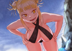 Rule 34 | 10s, 1girl, bent over, blonde hair, blunt bangs, blush, boku no hero academia, breasts, cleavage, collarbone, double bun, hair bun, hands on own hips, hanging breasts, large breasts, lemonbizate, looking at viewer, open mouth, sharp teeth, sidelocks, sky, smile, solo, swimsuit, teeth, toga himiko, water, yellow eyes