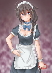 Rule 34 | 1girl, alternate costume, anti (untea9), apron, black dress, blue eyes, braid, breasts, chain, choker, cleavage, dress, enmaided, frilled apron, frilled dress, frills, gradient background, hair between eyes, hair flaps, hair ornament, hair over shoulder, highres, kantai collection, lips, maid, maid apron, maid headdress, puffy short sleeves, puffy sleeves, red background, shaded face, shigure (kancolle), short sleeves, single braid, small breasts, solo, waist apron, white apron, wrist cuffs