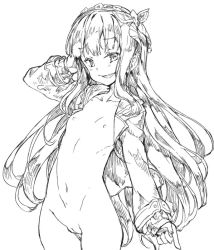 Rule 34 | 10s, 1girl, bad id, bad pixiv id, breasts, cagliostro (granblue fantasy), cleft of venus, collarbone, flat chest, granblue fantasy, greyscale, hair ornament, hand in own hair, lineart, long hair, long sleeves, looking at viewer, monochrome, naked shirt, navel, nipples, pussy, redcomet, shirt, small breasts, smile, solo, uncensored, very long hair