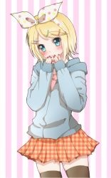 Rule 34 | 1girl, bad id, bad pixiv id, black thighhighs, blonde hair, blue eyes, blush, hands on own face, hiro (hirohiro31), kagamine rin, nail polish, plaid, plaid skirt, short hair, skindentation, skirt, sleeves past wrists, solo, striped, striped background, thighhighs, unmoving pattern, vertical stripes, vocaloid, zettai ryouiki