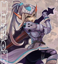 Rule 34 | 1girl, armor, bad id, bad pixiv id, barioth (armor), capcom, character name, gradient background, green eyes, grey hair, knife, legband, long hair, monster hunter (series), ponytail, signature, solo, spikes, sword, ussa-san, weapon