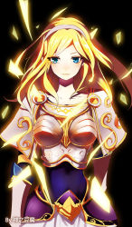 Rule 34 | 1girl, armor, beancurd, blonde hair, blue eyes, blush, boobplate, breastplate, hairband, league of legends, long hair, looking at viewer, lux (league of legends), signature, solo