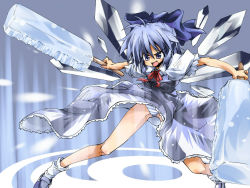 Rule 34 | 1girl, ahoge, angry, blue eyes, blue hair, blush, bow, circled 9, cirno, crystal sword, delusion overdose, dress, dual wielding, fang, female focus, fighting stance, food, frills, hair bow, holding, ice, ice wings, legs, magic, matching hair/eyes, matsuno canel, open mouth, panties, pantyshot, phantasmagoria of flower view, popsicle, ribbon, shoes, short hair, smile, socks, solo, standing, striped clothes, striped panties, sword, touhou, underwear, wallpaper, weapon, wind, wind lift, wings