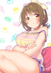 Rule 34 | 1girl, bare shoulders, blue shorts, blush, breasts, brown eyes, brown hair, cake, camisole, cookie, cupcake, doughnut, food, fuji fujino, hair ribbon, hairband, highres, hip focus, ice cream cone, idolmaster, idolmaster cinderella girls, idolmaster cinderella girls starlight stage, large breasts, looking at viewer, lotion, low twintails, macaron, mimura kanako, pancake, pillow, plump, pudding, ribbon, short hair, short twintails, shorts, sitting, smile, solo, strap slip, striped camisole, swept bangs, thighs, twintails, white background