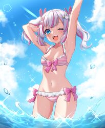 Rule 34 | 1girl, absurdres, arms up, bikini, blue eyes, breasts, character request, commission, hair ornament, highres, indie virtual youtuber, multicolored hair, navel, one eye closed, open mouth, pink hair, rabbit hair ornament, sakura chiyo (konachi000), small breasts, smile, solo, stomach, striped bikini, striped clothes, swimsuit, teeth, twintails, two-tone hair, upper teeth only, virtual youtuber, white hair