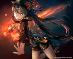 Rule 34 | 1girl, absurdres, artist name, black hat, black nails, blush, brown coat, brown hair, coat, flower, flower-shaped pupils, genshin impact, grin, hair between eyes, hat, hat flower, highres, holding, holding polearm, holding weapon, hu tao (genshin impact), jewelry, long hair, long sleeves, looking at viewer, polearm, porkpie hat, red eyes, ryo-suzuki, short shorts, shorts, smile, solo, staff of homa (genshin impact), symbol-shaped pupils, twintails, very long hair, weapon