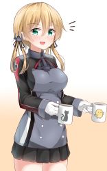 Rule 34 | 10s, 1girl, absurdres, anchor hair ornament, bird, black shirt, black skirt, blonde hair, breasts, cat, chicken, coffee, collared shirt, cowboy shot, cross, gloves, green eyes, hair ornament, highres, iron cross, kantai collection, large breasts, microskirt, military, military uniform, moyoron, pleated skirt, prinz eugen (kancolle), shirt, skirt, smile, solo, twintails, uniform, white gloves