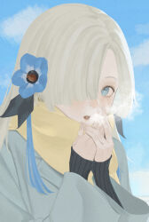 Rule 34 | 1girl, alternate costume, blonde hair, blue eyes, blue flower, blue hair, blue sky, blush, breath, breathing on hands, coat, day, flower, grey coat, hair flower, hair ornament, hair over one eye, hands up, highres, isekai joucho, kamitsubaki studio, long hair, long sleeves, looking at viewer, multicolored hair, one eye covered, open mouth, outdoors, own hands together, scarf, sky, solo, streaked hair, upper body, virtual youtuber, warming hands, winter clothes, yellow scarf, zudxpnz