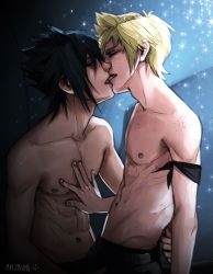 Rule 34 | 10s, 2boys, abs, against wall, black hair, blonde hair, final fantasy, final fantasy xv, kiss, licking, looking at viewer, male focus, multiple boys, noctis lucis caelum, prompto argentum, square enix, tongue, topless male, undressing, yaoi