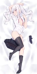 Rule 34 | 1girl, arm up, asymmetrical legwear, bed sheet, black footwear, black skirt, black thighhighs, blush, boots, breasts, brown eyes, collared shirt, commentary request, dress shirt, melusine (fate), fate/grand order, fate (series), full body, hand up, highres, jilu, long hair, looking at viewer, lying, neck ribbon, no shoes, on back, open clothes, open mouth, open shirt, pleated skirt, red ribbon, ribbon, shirt, shoes, unworn shoes, skirt, unworn skirt, small breasts, solo, thighhighs, thighhighs under boots, twintails, white hair, white shirt