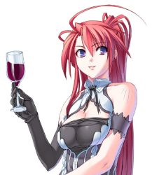 Rule 34 | 1girl, ahoge, alcohol, armband, bare shoulders, black gloves, breasts, cleavage, cup, drink, drinking glass, elbow gloves, gloves, ignis, jingai makyou, large breasts, long hair, nishii (damnedrive), purple eyes, red hair, smile, solo, wine, wine glass