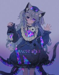 Rule 34 | 1girl, animal ear fluff, animal ears, artist name, bacheally, bib, black dress, blue eyes, bow, capelet, cat ears, cat girl, cat tail, closed mouth, collar, commission, cowboy shot, detached collar, dress, flower, frilled collar, frilled dress, frills, glass, glitch, grey hair, hair between eyes, hair flower, hair ornament, hands up, hat, high collar, highres, holding, holding lantern, lantern, long hair, long sleeves, looking at viewer, monsterification, multicolored eyes, open hand, original, puffy dress, puffy sleeves, purple background, purple theme, rainbow eyes, short twintails, signature, simple background, sleeves past wrists, spread fingers, stained glass, tail, tentacles, twintails, two side up, very long hair, white collar, white flower